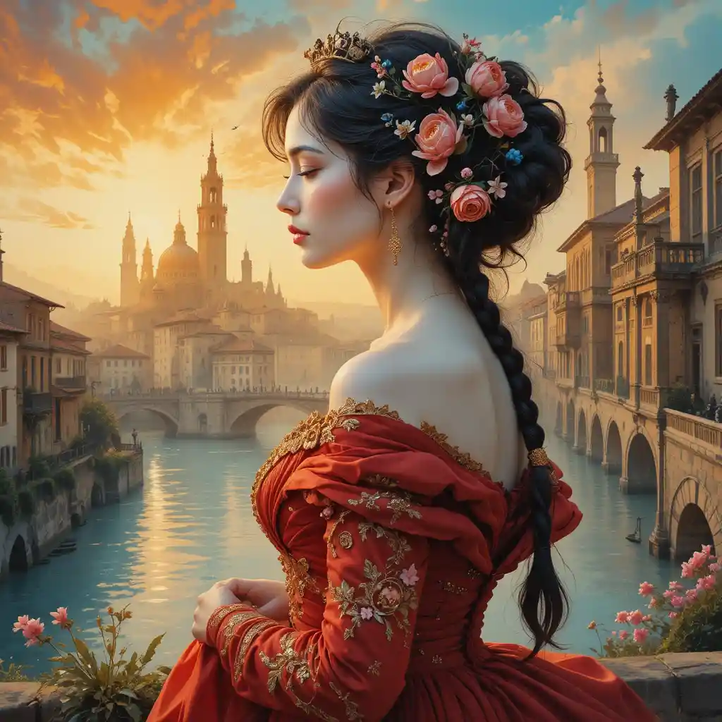 Watercolor profile portrait of a serene woman in red gown