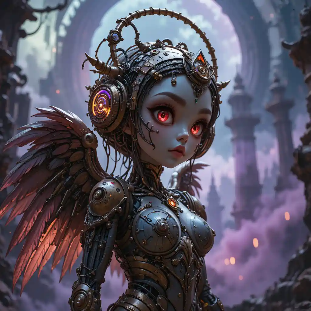 Surreal cybernetic angel with chibi face in cosmic abyss