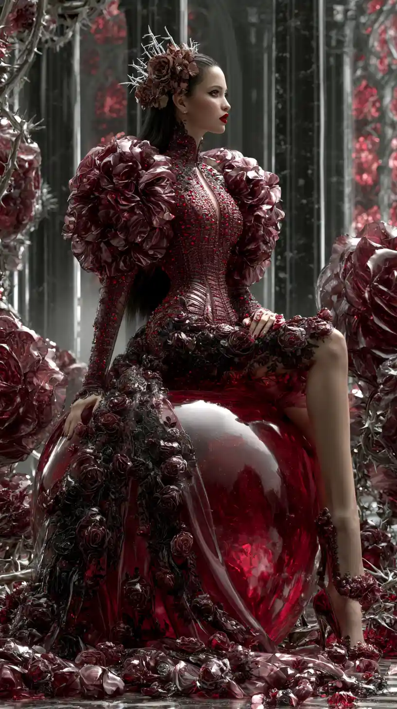 Dark fantasy queen on a glowing crystal apple throne