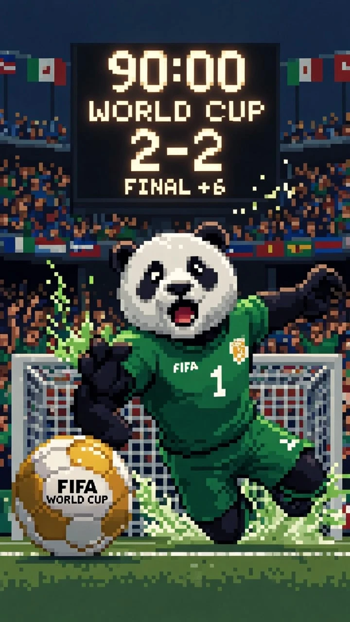 Pixel art panda goalkeeper diving in a packed stadium