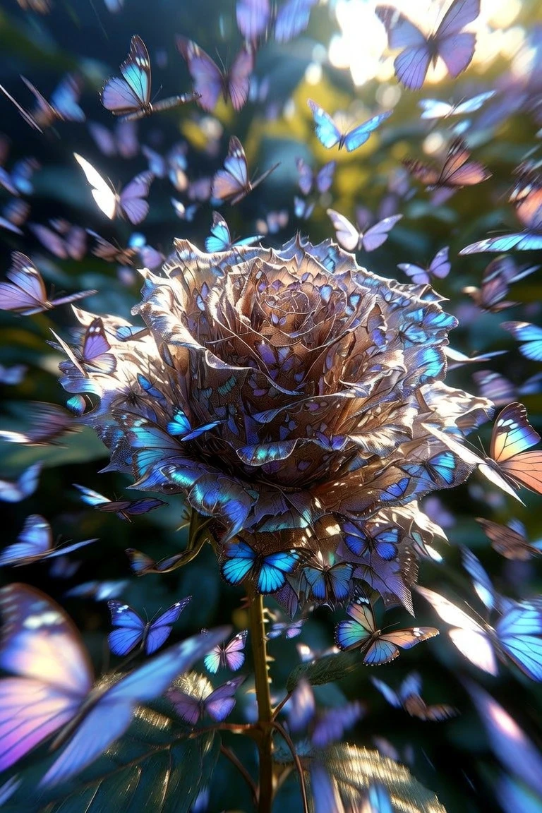 Rosa de mariposas iridiscentes en un jardín místico