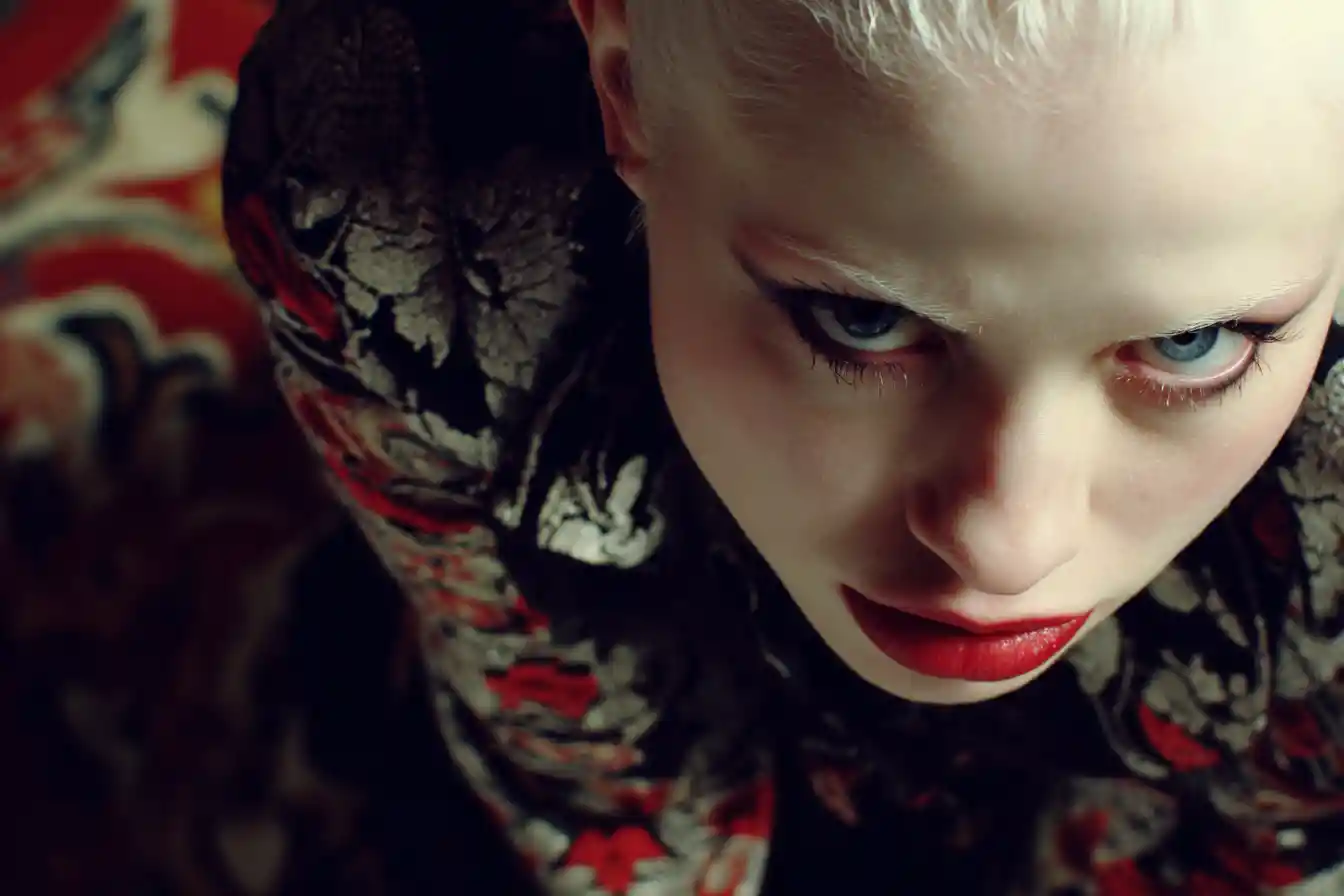 Albino woman in floral paper dress with surreal punk pose