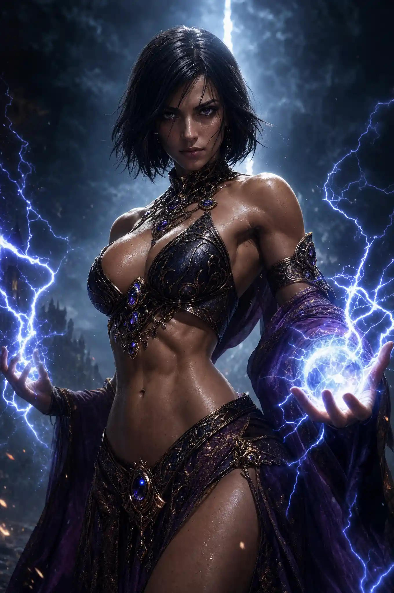 Powerful sorceress conjuring lightning in a stormy fantasy scene