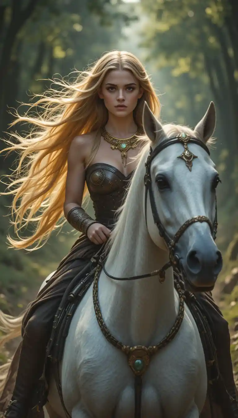 Celtic queen riding a white horse through ancient forest