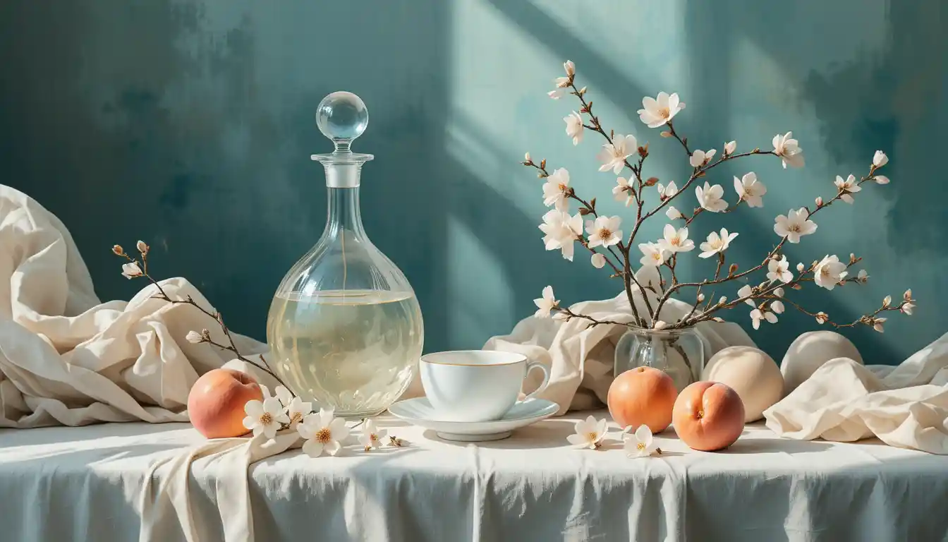 Tranquil still life with peaches crystal decanter and blossoms