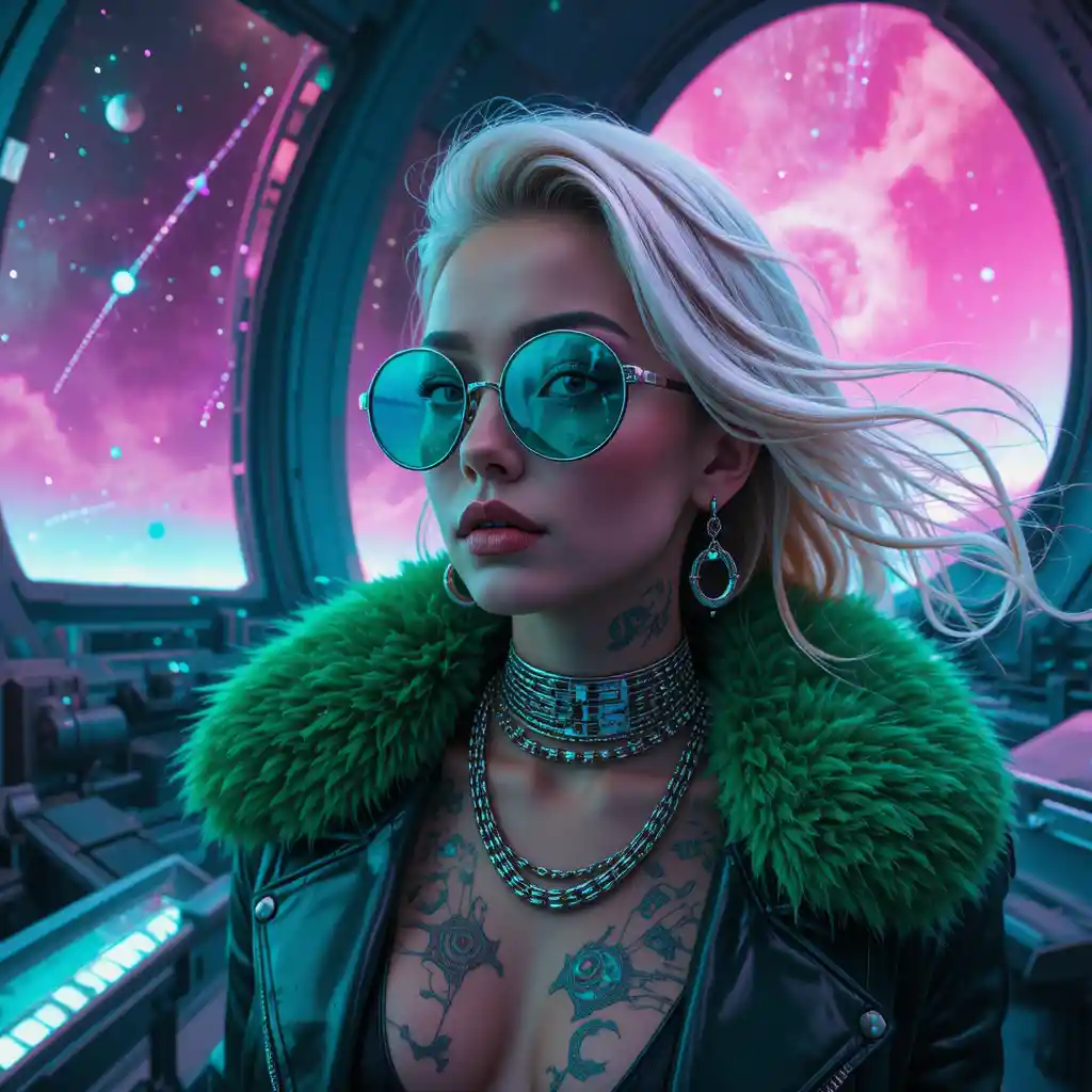 Cyberpunk femme fatale portrait in a futuristic observatory