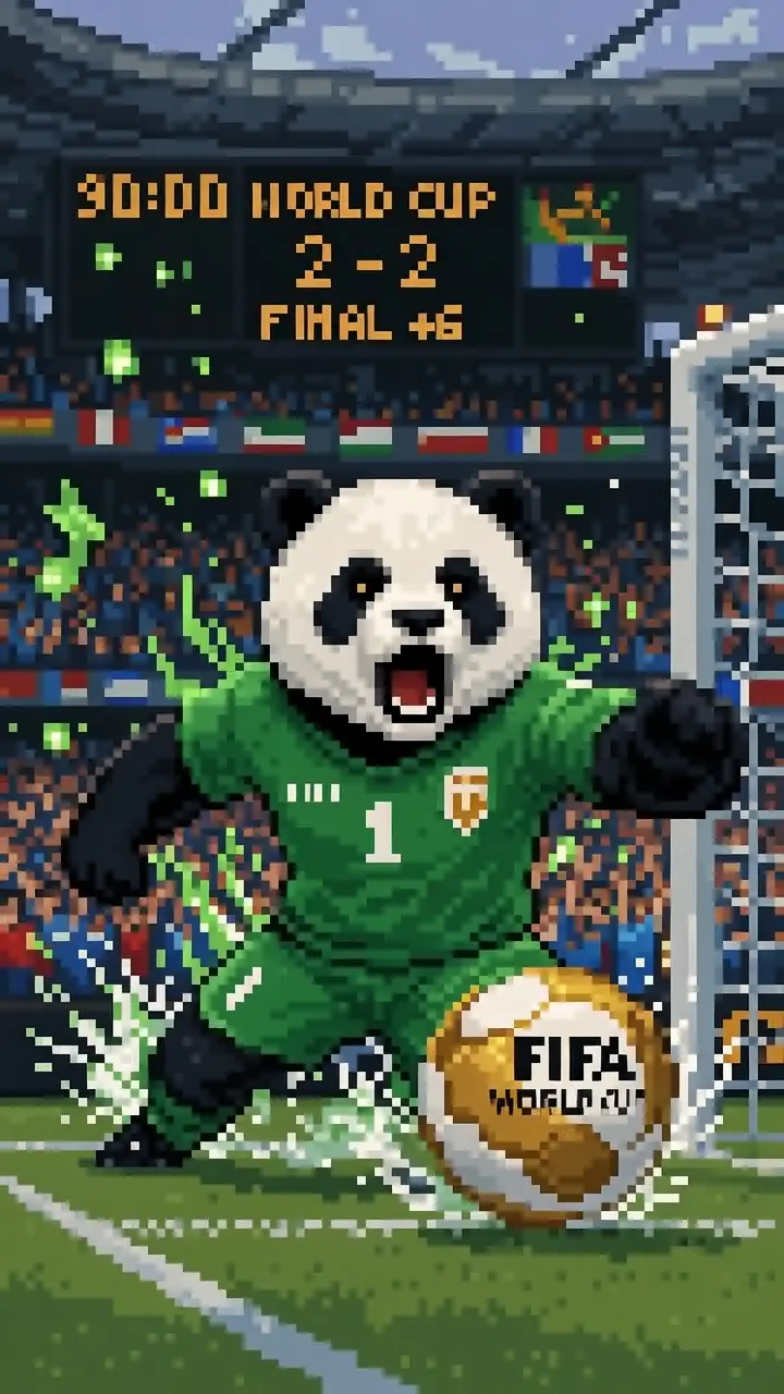 Pixelierter Panda-Torwart hechtet, um den WM-Ball zu halten