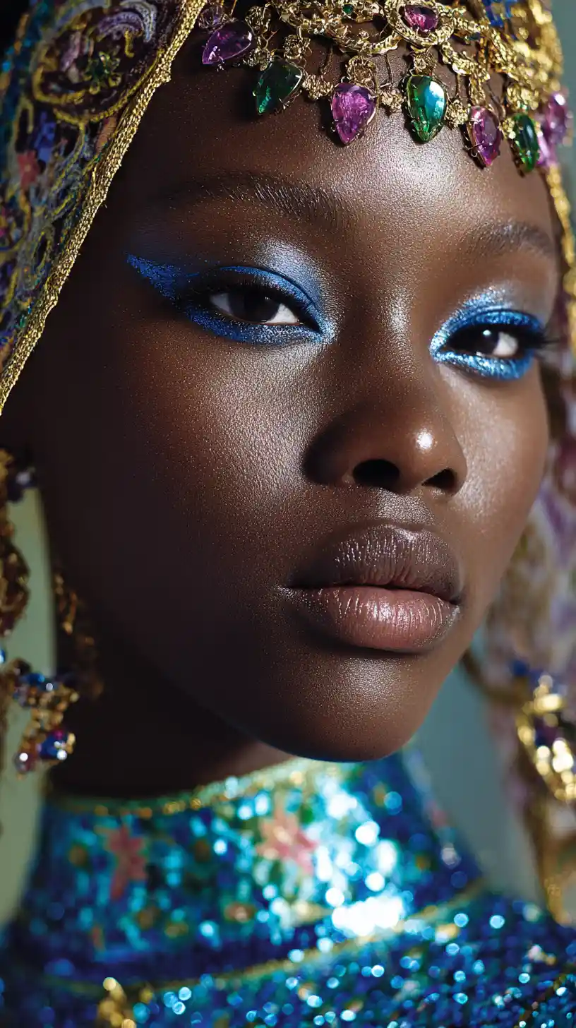 Black couture model in jeweled veil and crown