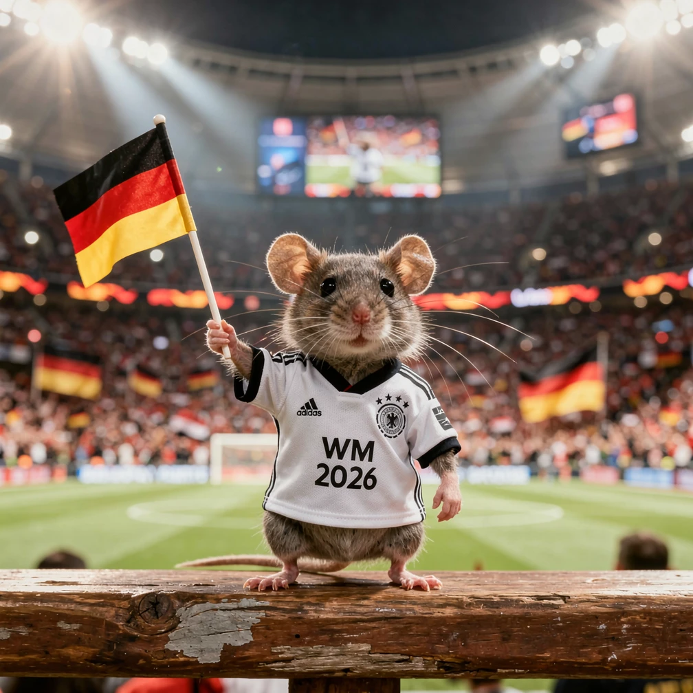 Pequeño ratón de campo animando en un soleado estadio de fútbol
