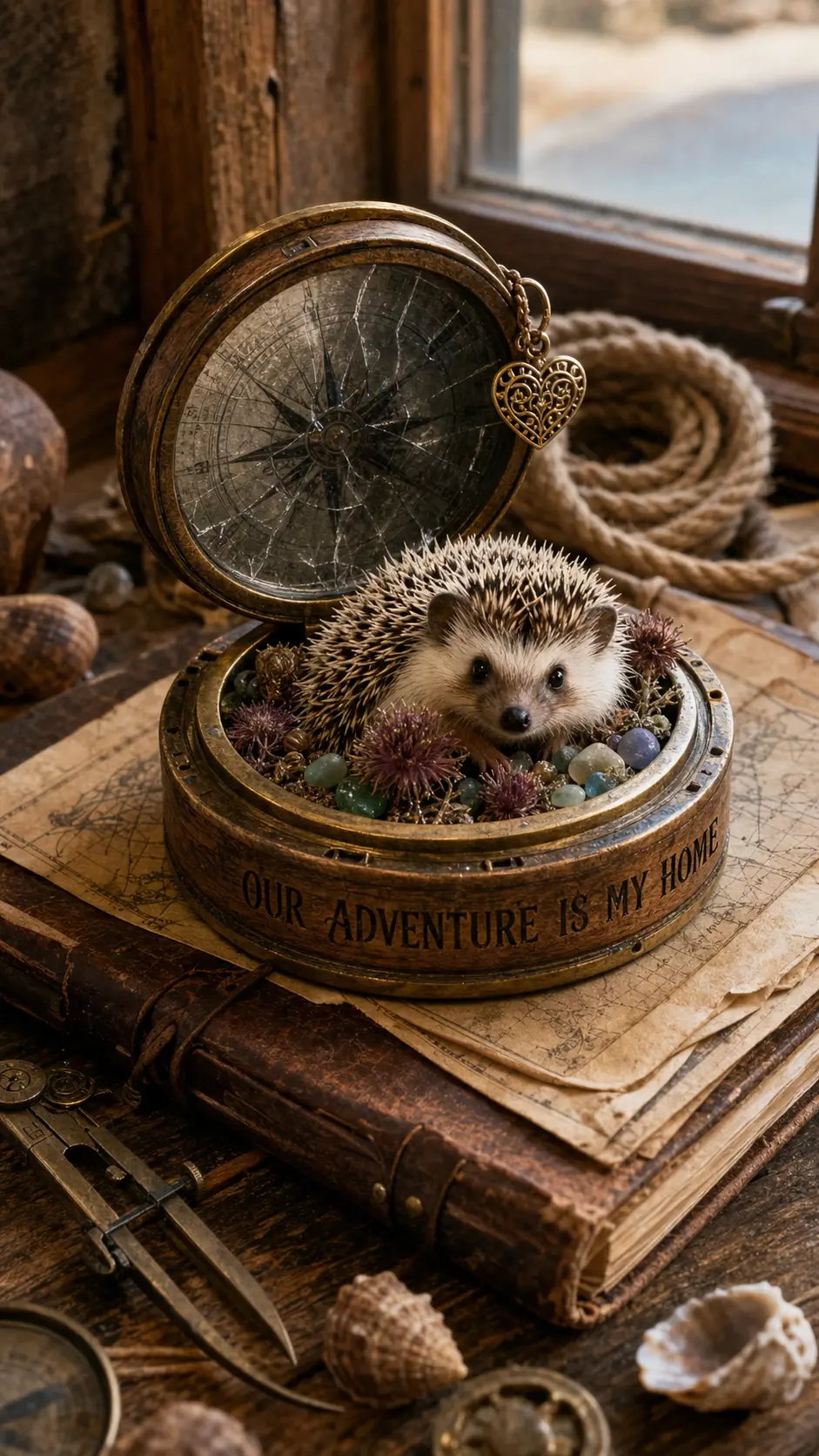 Vintage-Kompassdose mit kleinem Igel zwischen Karten und Muscheln