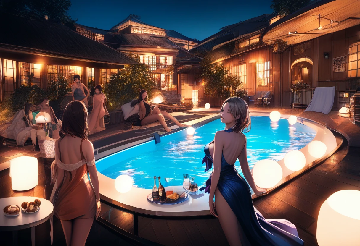 Frauen in Abendkleidern genießen eine Poolparty im Garten