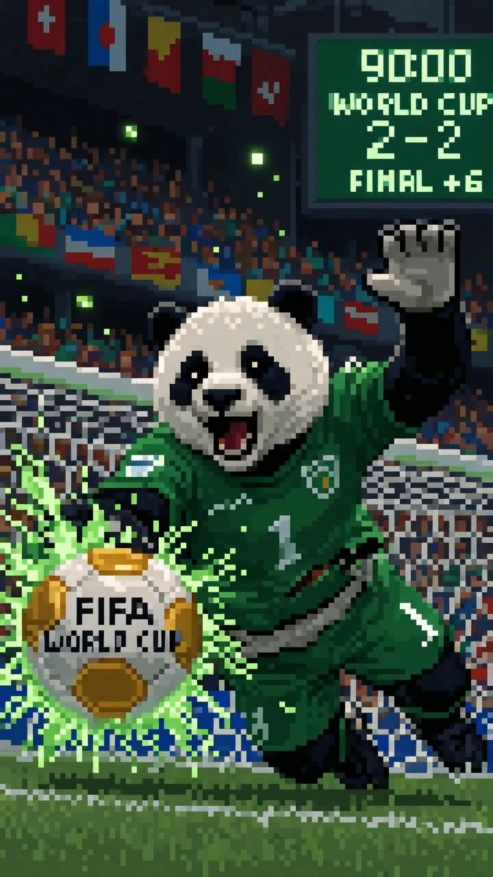 Pixel art polar bear goalkeeper diving in world cup stadium