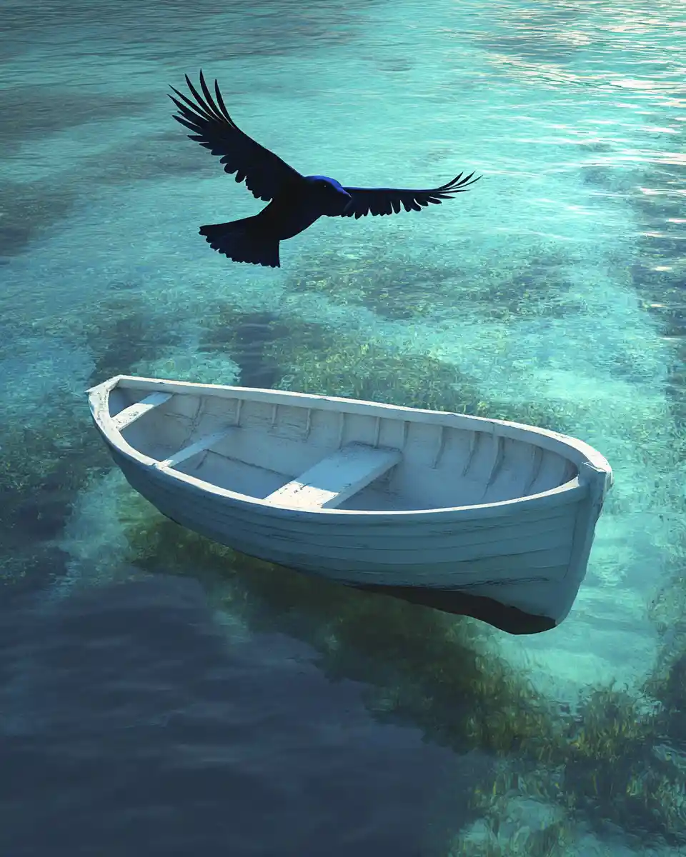 Blue crow flying above a quiet white boat at sea