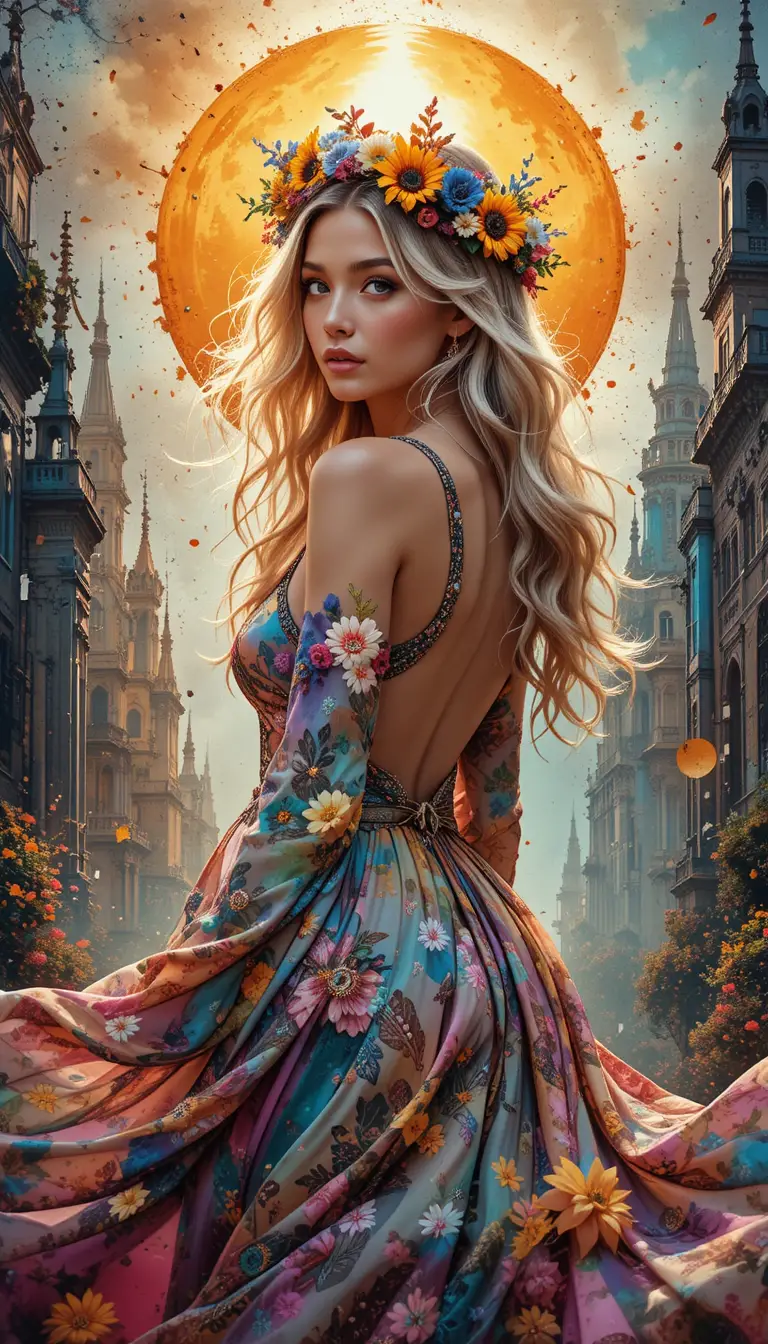 Mulher boêmia em vestido floral com radiante halo de sol