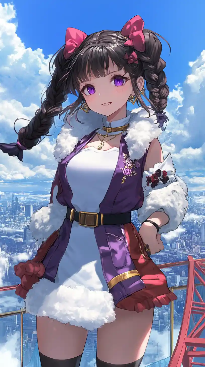 Anime girl in floral winter dress on rooftop park