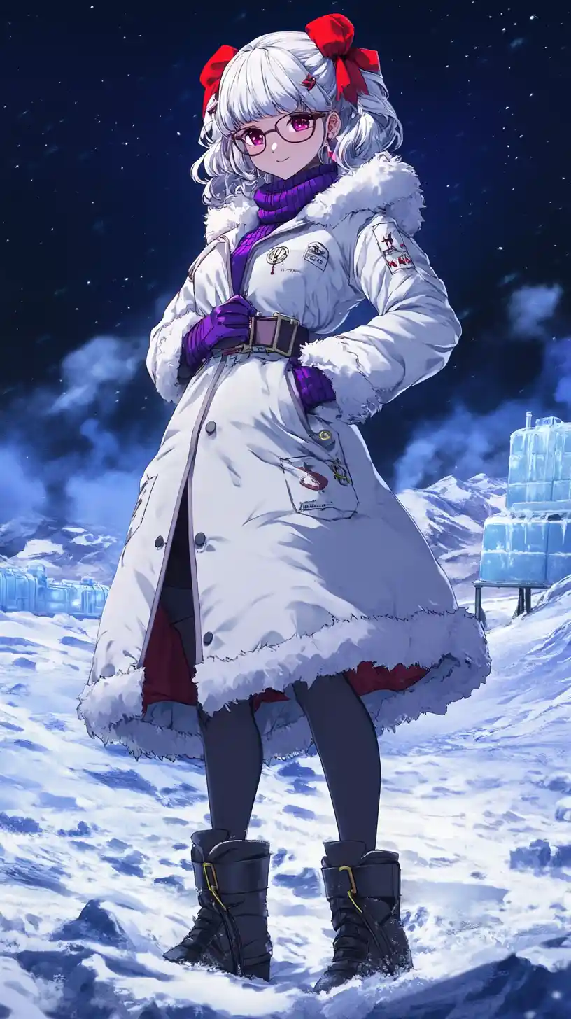 Anime girl in floral winter dress at arctic station