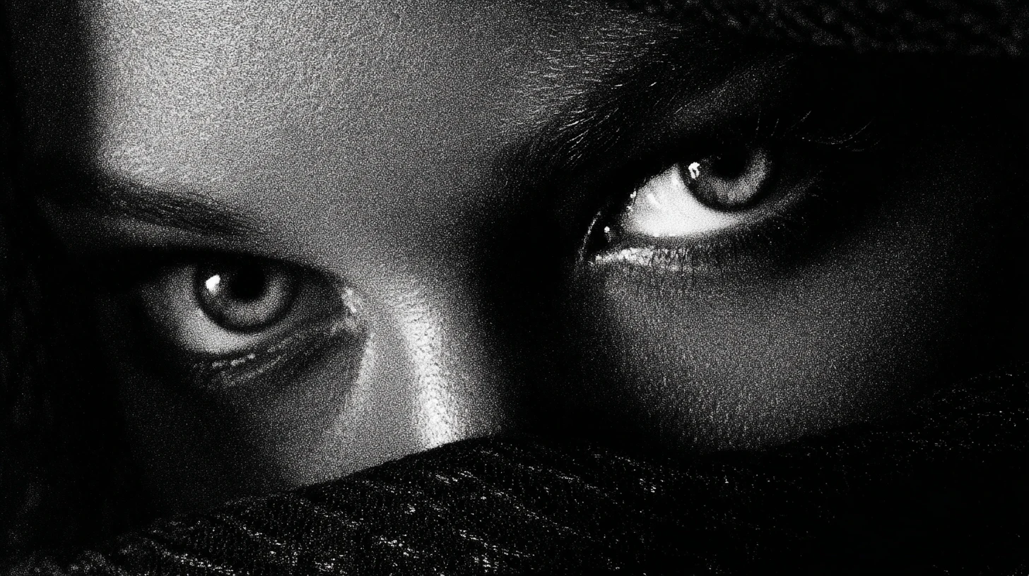 Luminous eyes suspended in vast negative space