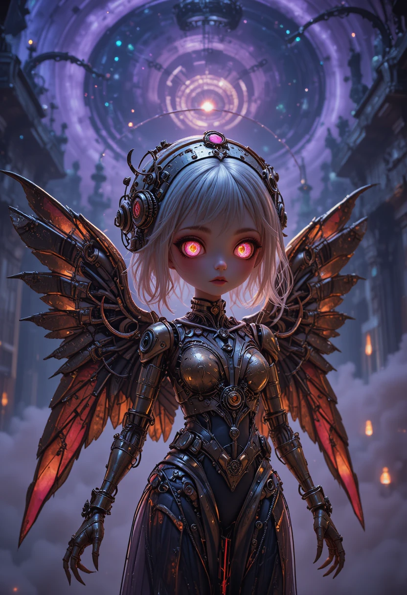 Surreal cybernetic angel with chibi face in cosmic void