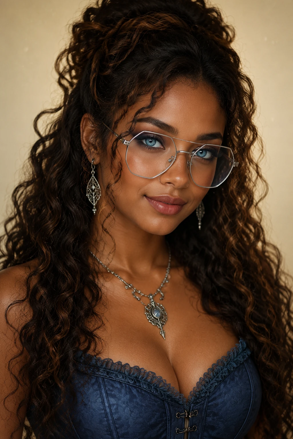 Jeune femme aux yeux bleus et aux cheveux bouclés portant des lunettes