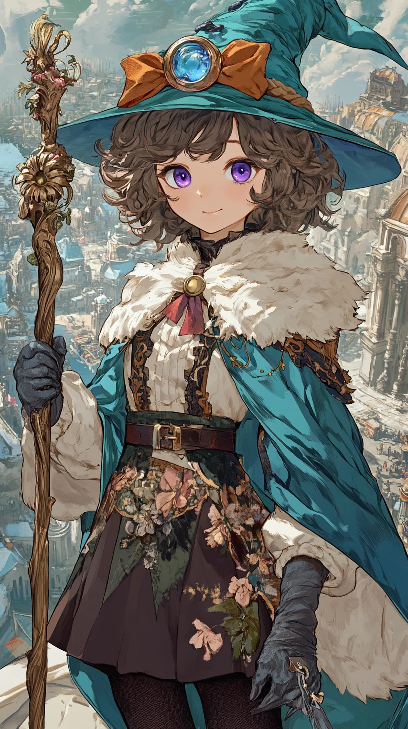 Anime witch girl with magic staff in fantasy port city