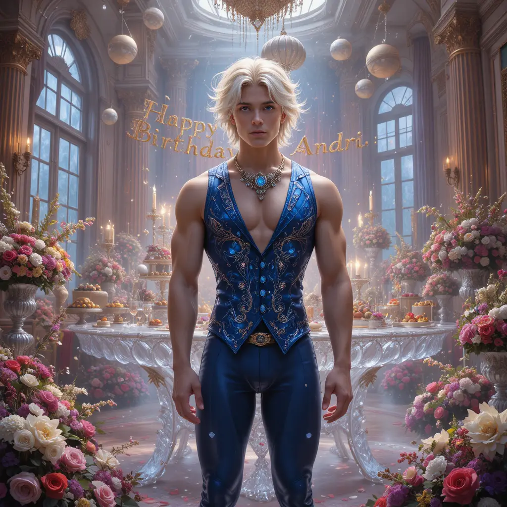 Blond muscular young man at a luxurious birthday party