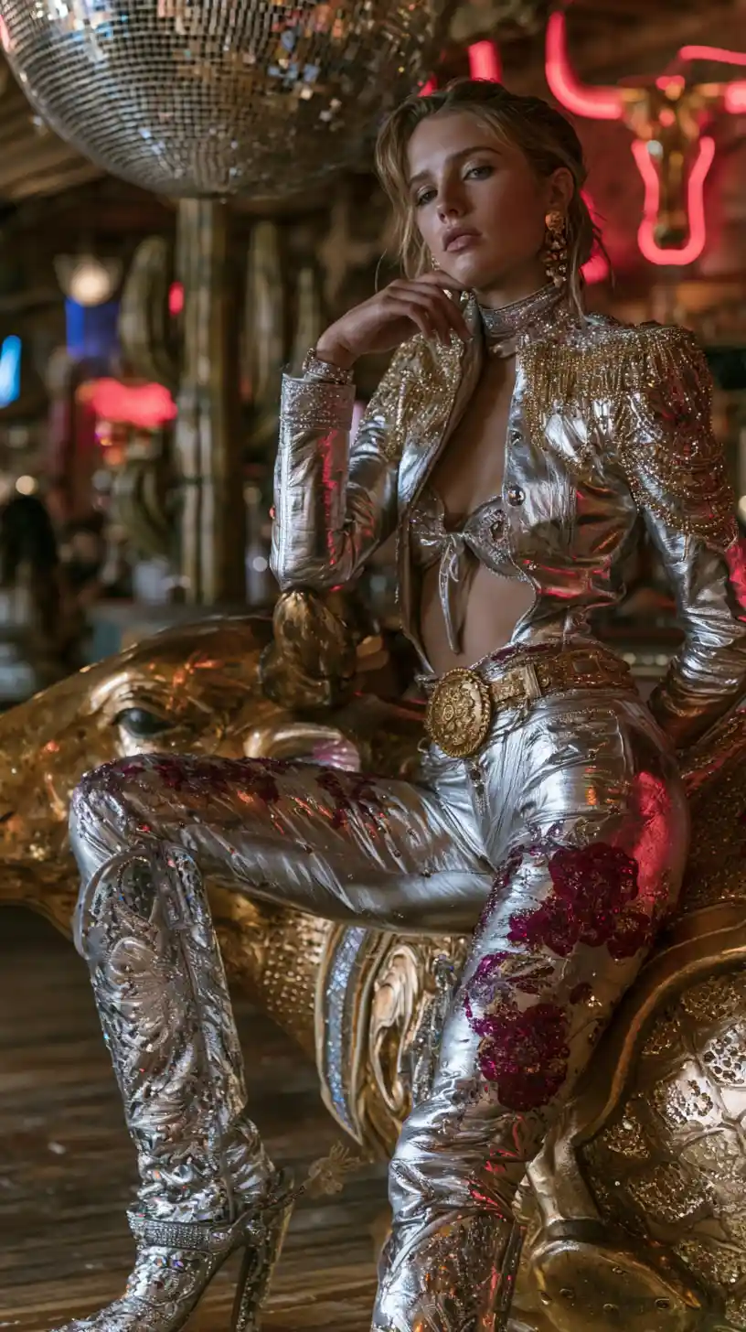 Cowgirl queen posing by mechanical bull in neon saloon