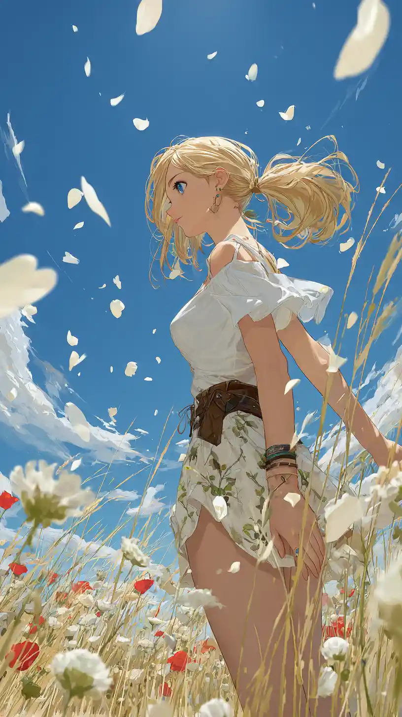 Anime girl standing in a peaceful sunlit flower field