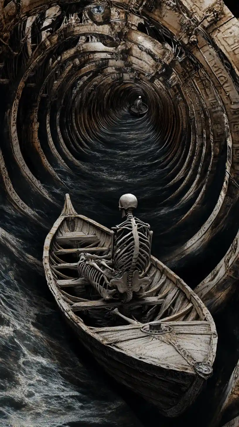 Surreal skeletal boat looping along a spiraling river