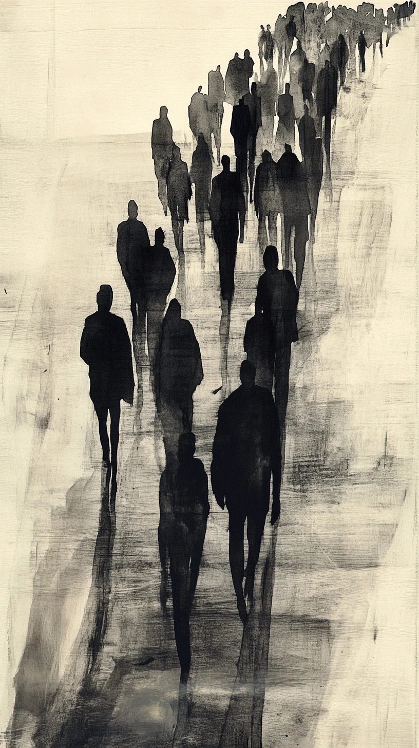 Layered ink silhouettes looping along an abstract path
