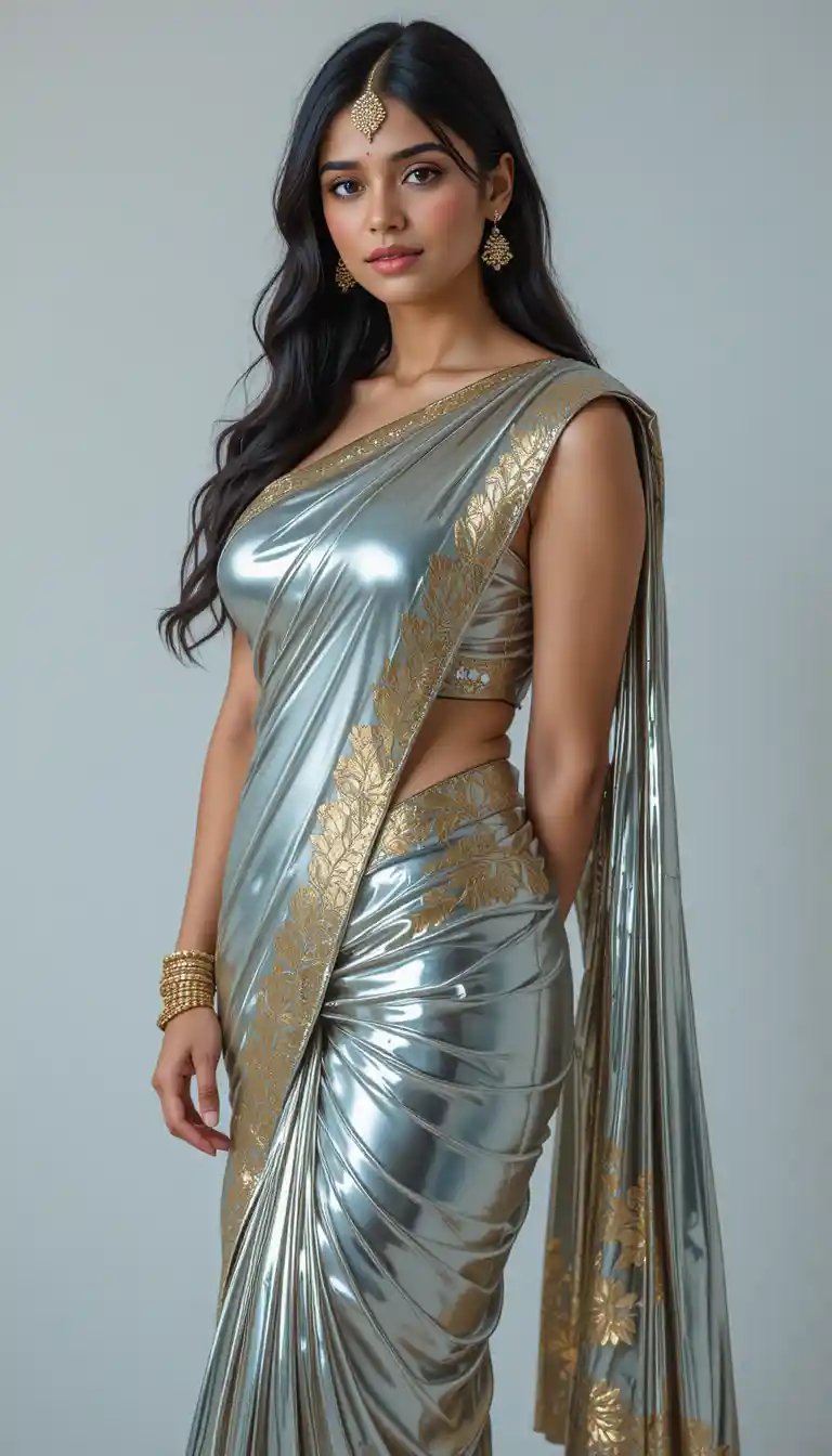 Full body Tamil woman in glossy saree bending forward