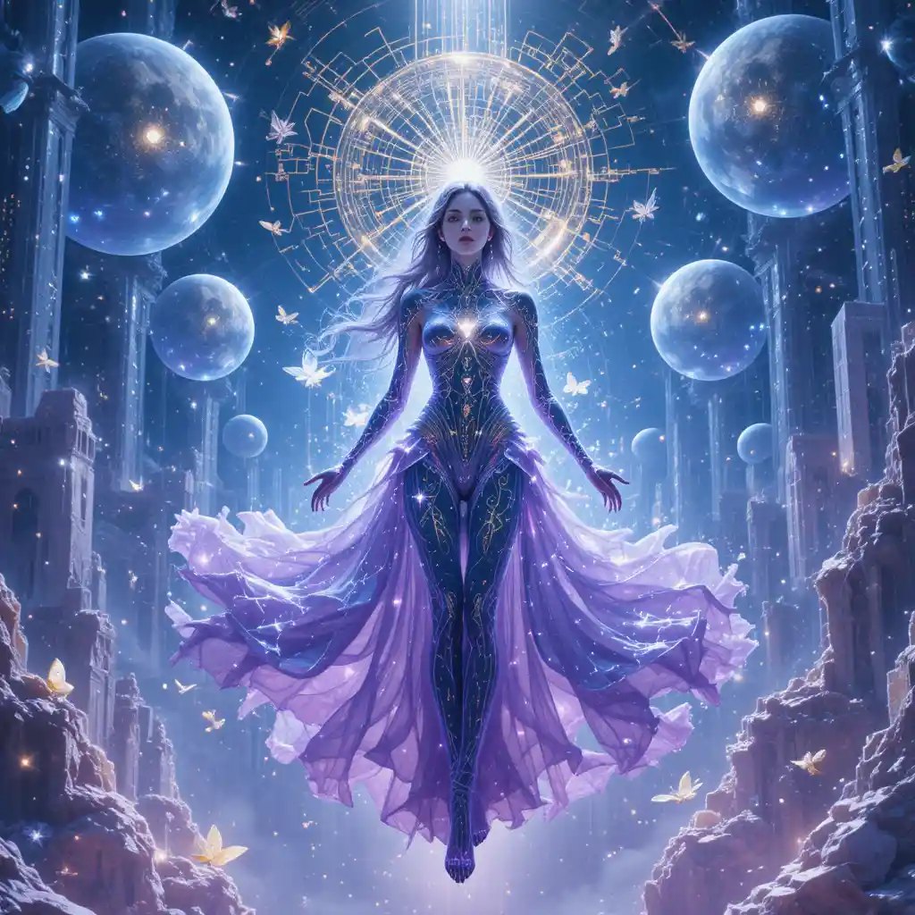 Techno oracle woman in a luminous digital cosmos