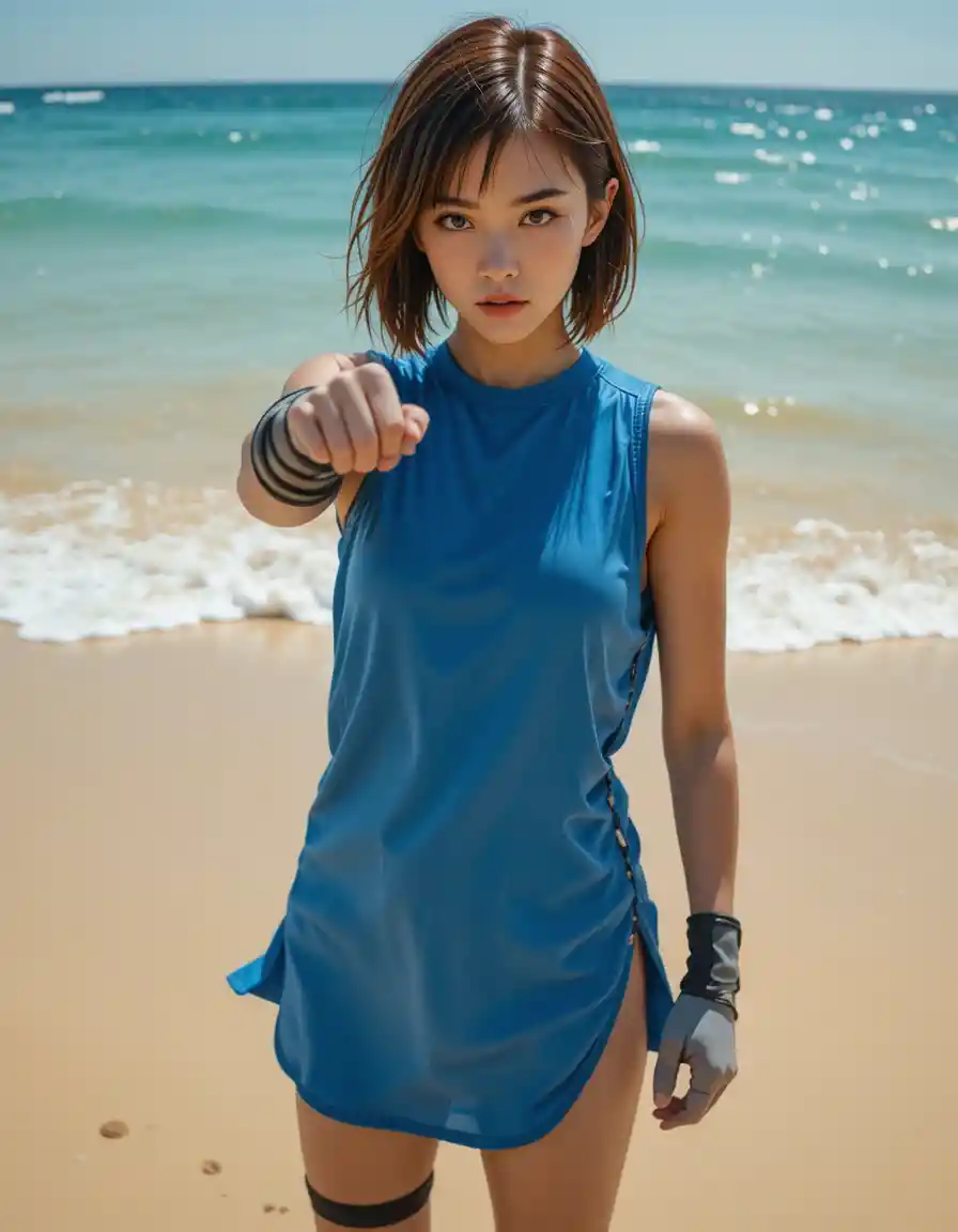 Female fighter on sunny beach pointing toward camera