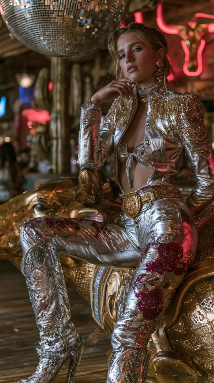 Cowgirl queen posing by mechanical bull in neon saloon