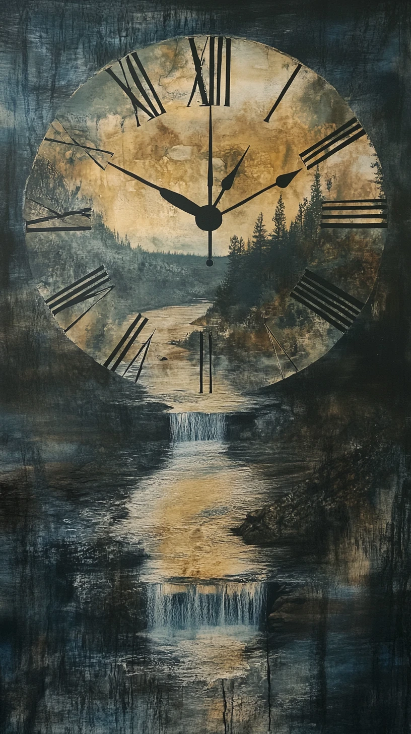 Layered translucent clock face with flowing river echoes