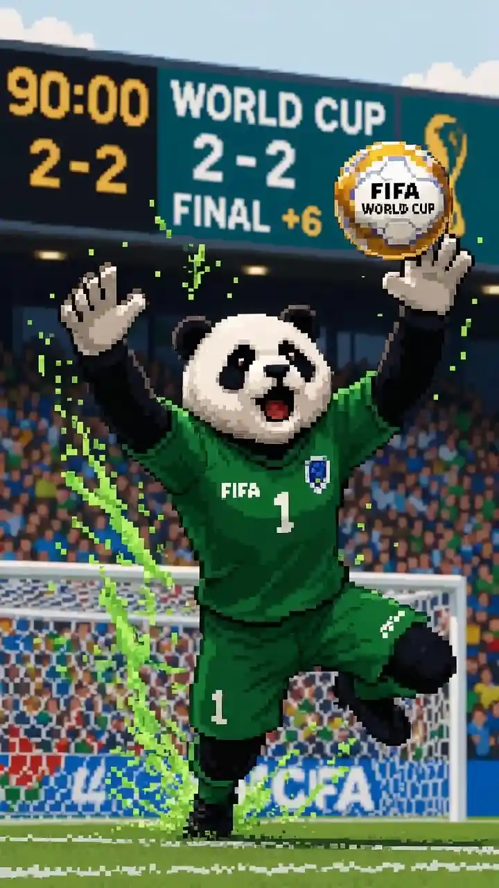 Pixel art panda goalkeeper diving in a world cup stadium