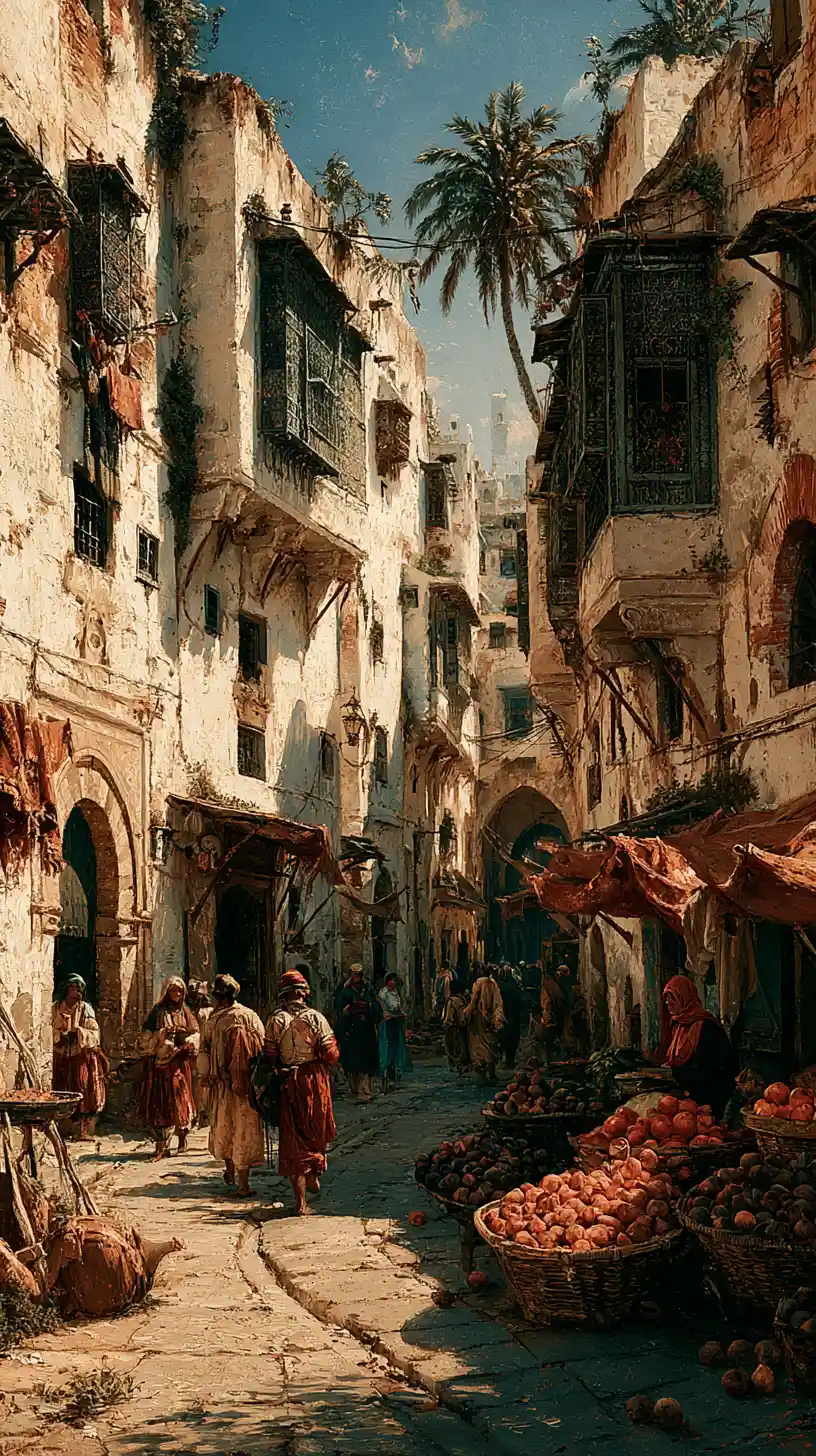 Crowded 19th century street in the Casbah of Algiers