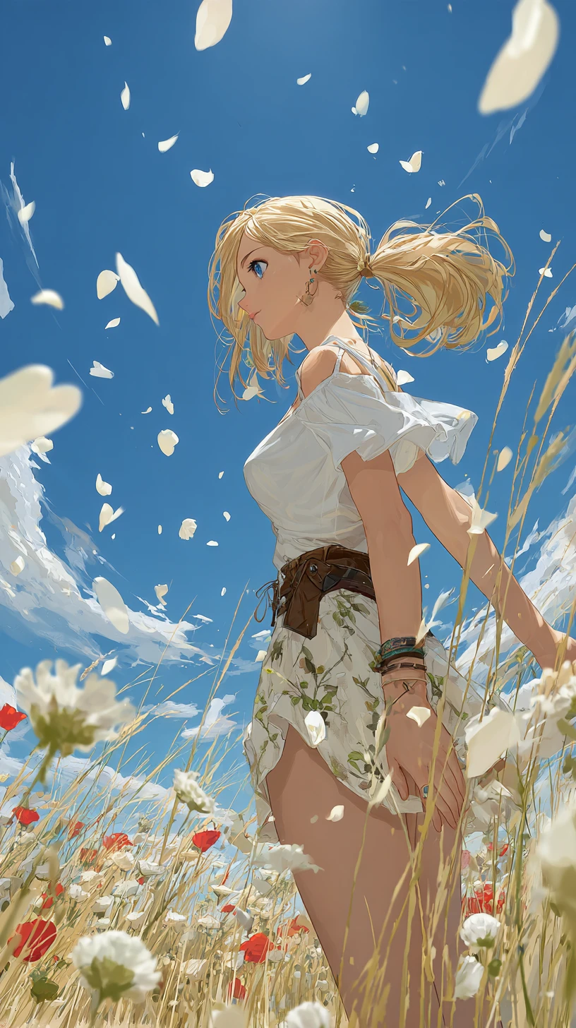 Chica de anime de pie en un tranquilo campo de flores bañado por el sol