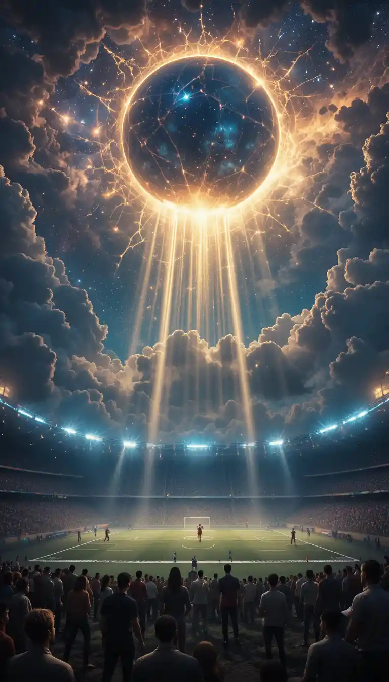 Celestial gods watching a sacred football stadium on Earth