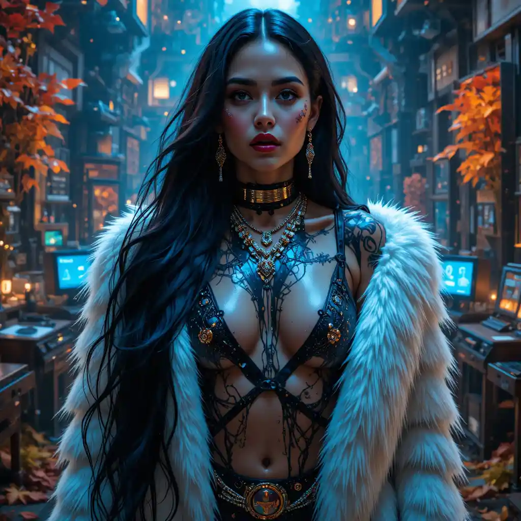 Cinematic portrait of a cyberpunk woman in an autumn forest