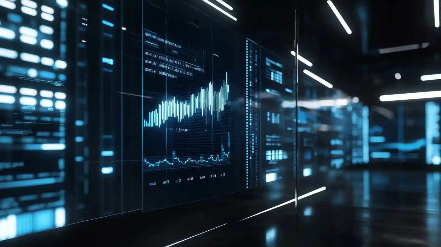 Minimal dark workspace with floating glass data panels