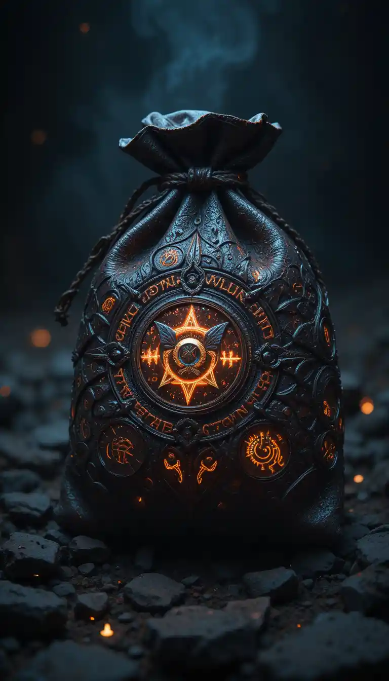 Ancient leather pouch glowing with mysterious magical energy