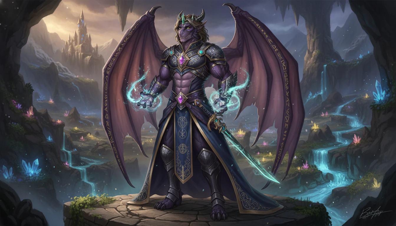 Winged purple dragon king in royal magical attire