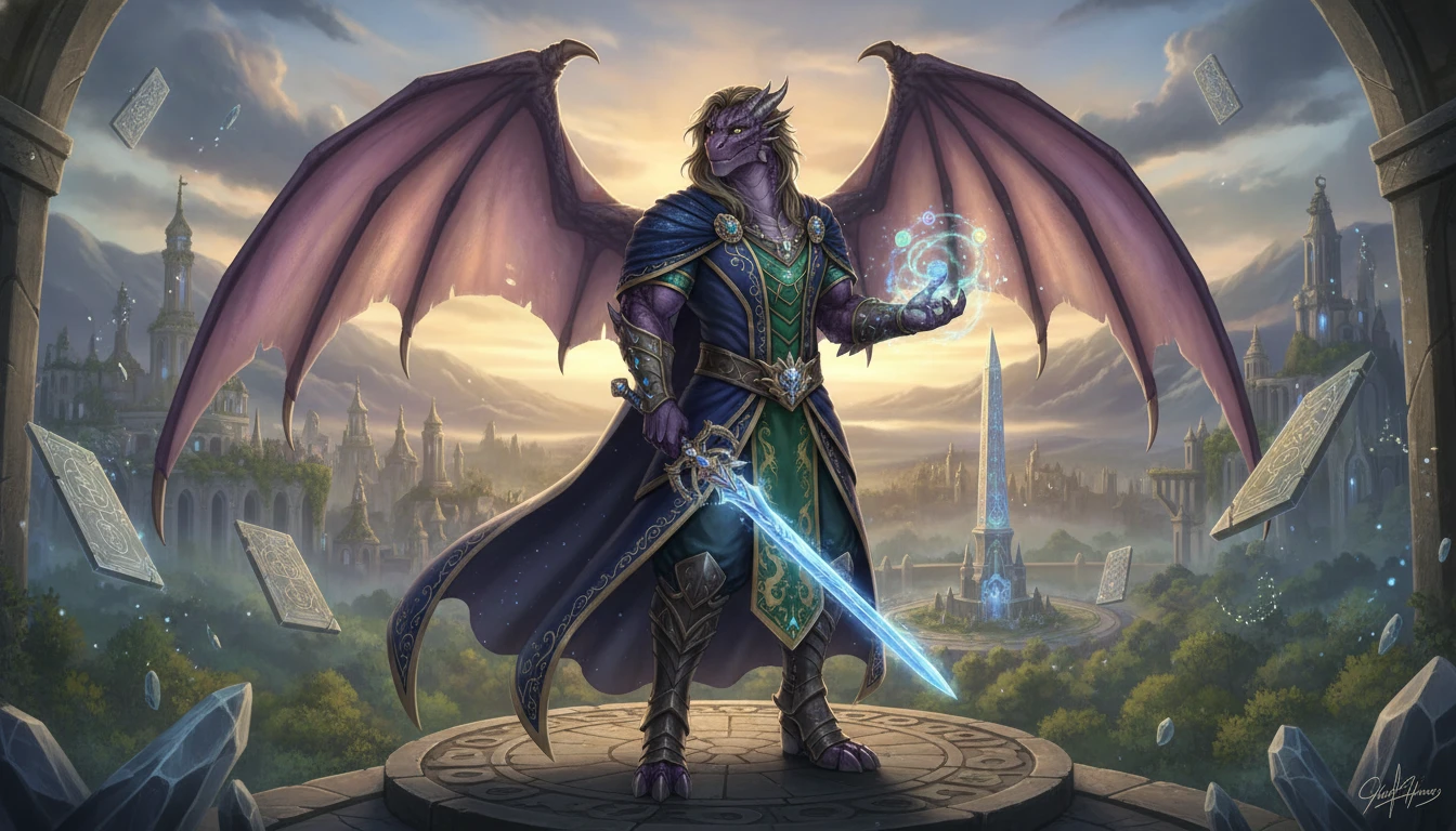 Regal purple dragon humanoid king with magic sword