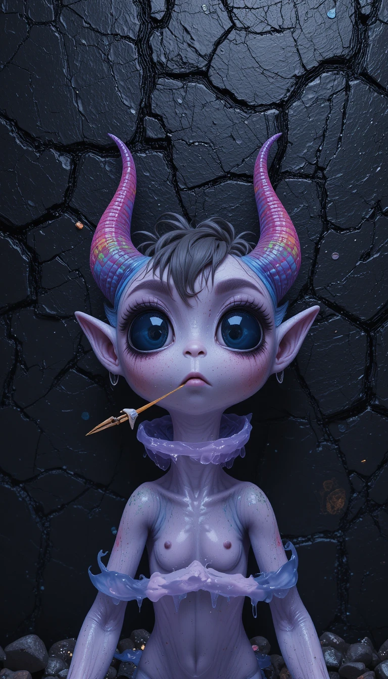 Cute purple alien with rainbow horns below dark stone wall
