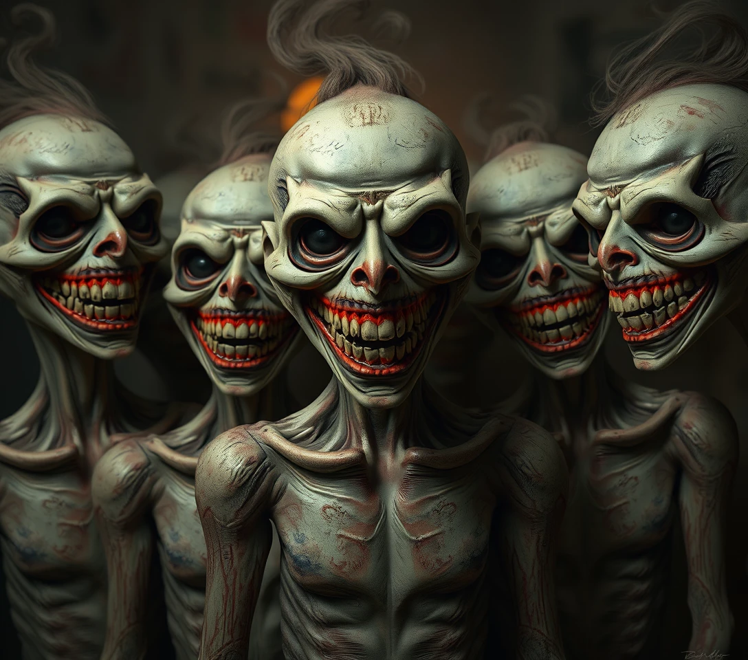 Eerie figures with malicious smiles in surreal composition
