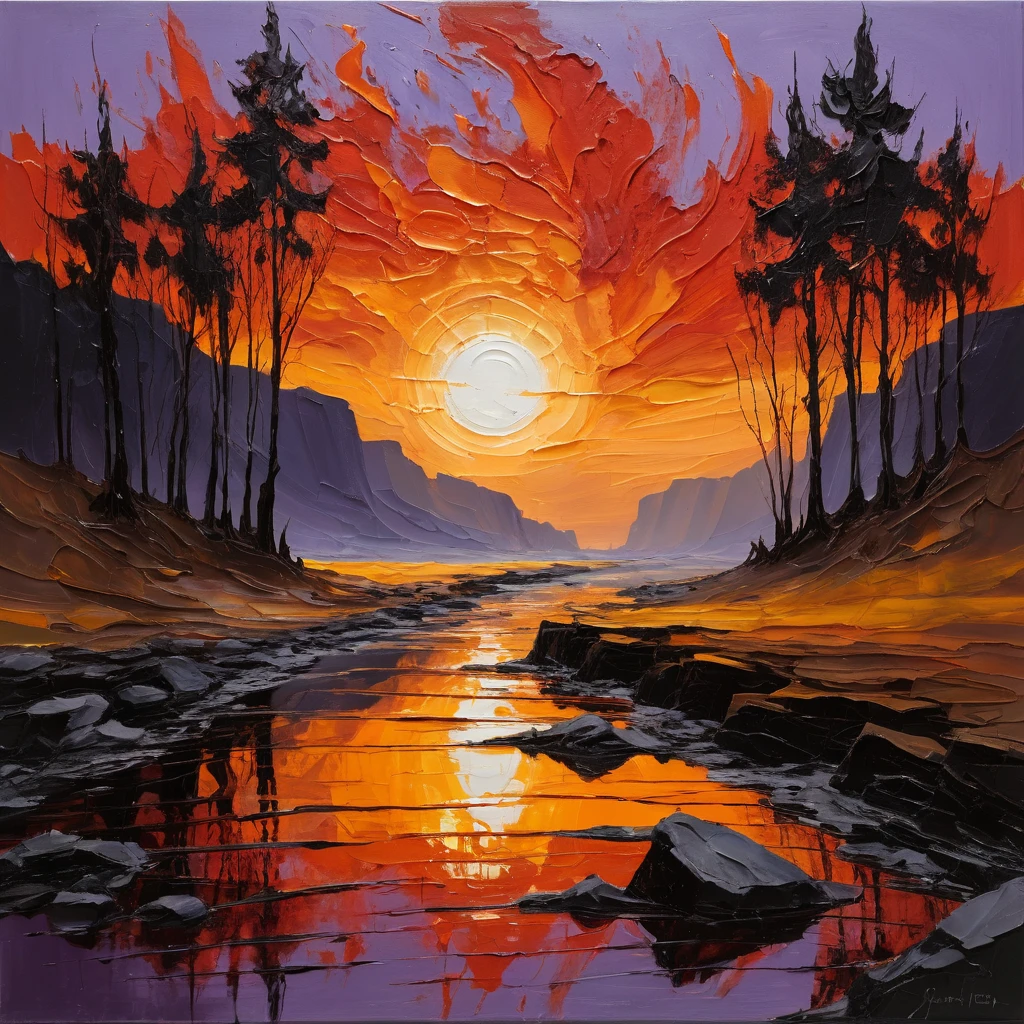 Fiery impasto sunset sky reflected in a shimmering river