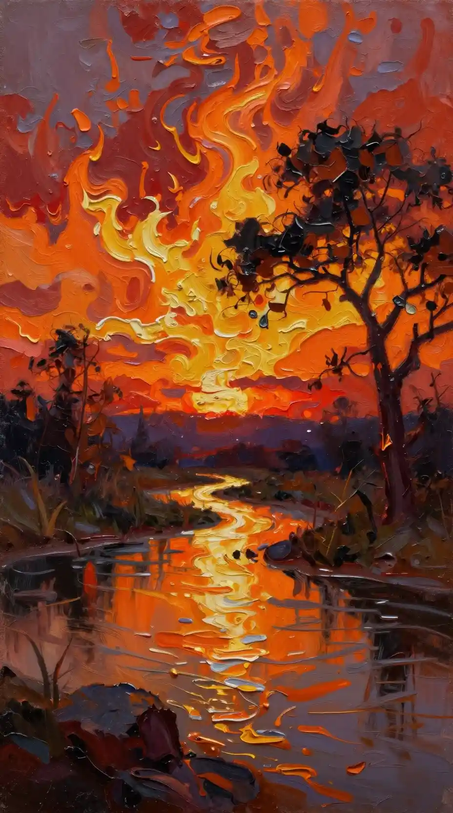 Fiery Impasto Sunset Sky Reflected On A River