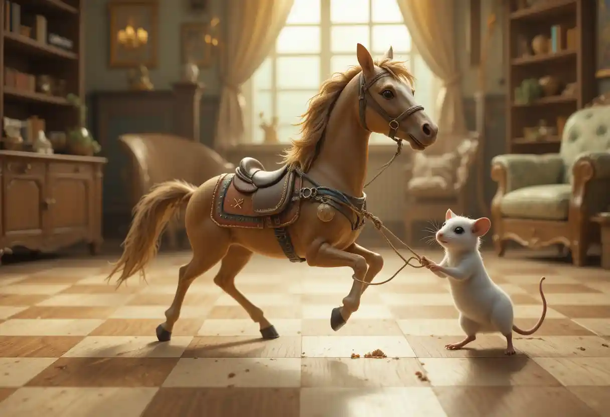 Brave mouse holding a tiny galloping horse on a checkered floor
