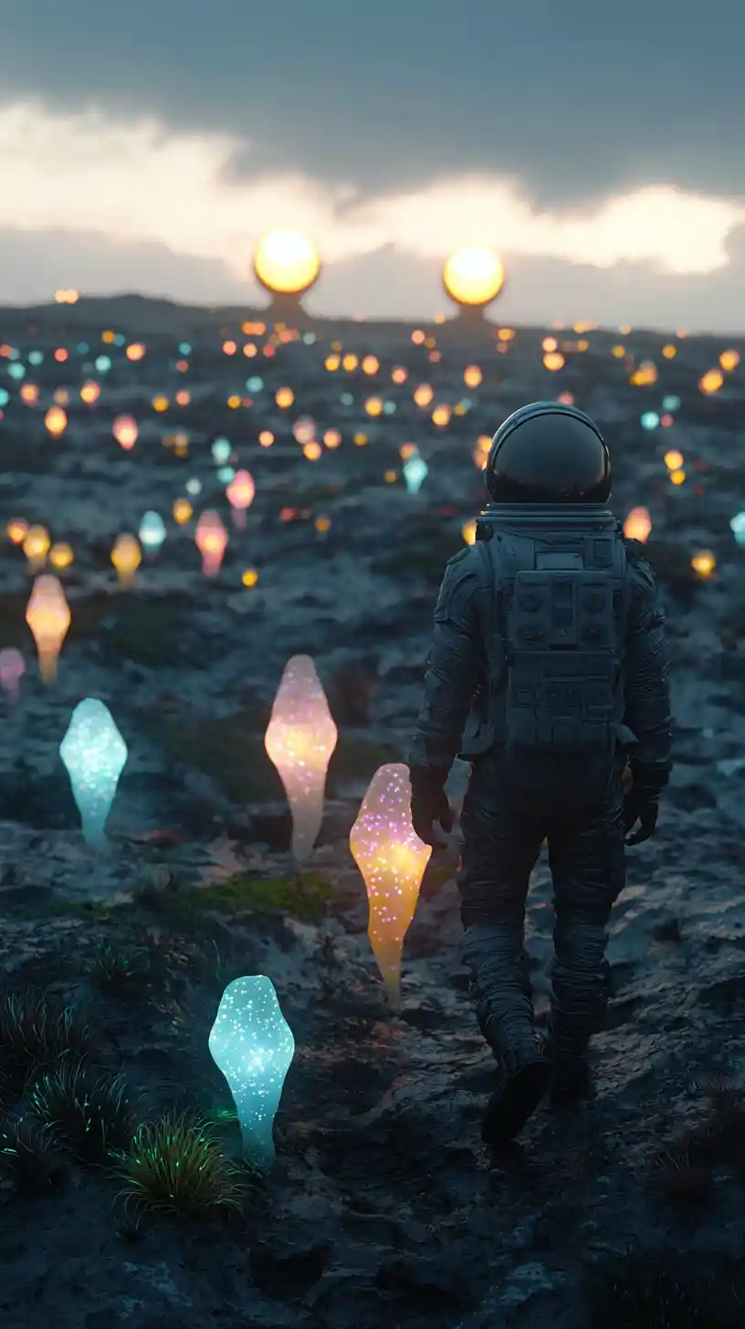 Astronaut Surrounded By Luminous Beings On Alien Planet