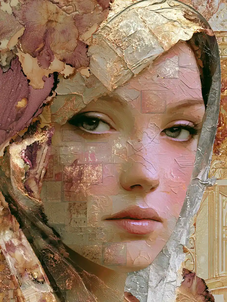 Art nouveau woman in surreal pink and gold dreamscape
